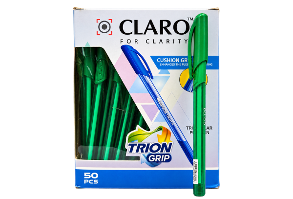 Claro Trion Grip Ball Pen – Green, Box of 50 - 1