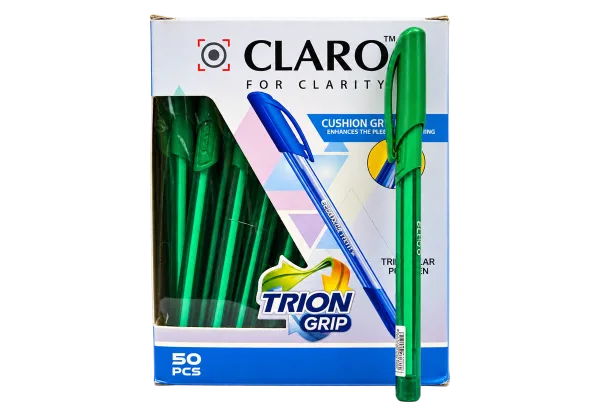 Claro Trion Grip Ball Pen – Green, Box of 50 - 1