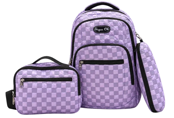 Lilac Checkerboard Backpack Set – 3 pcs - 1